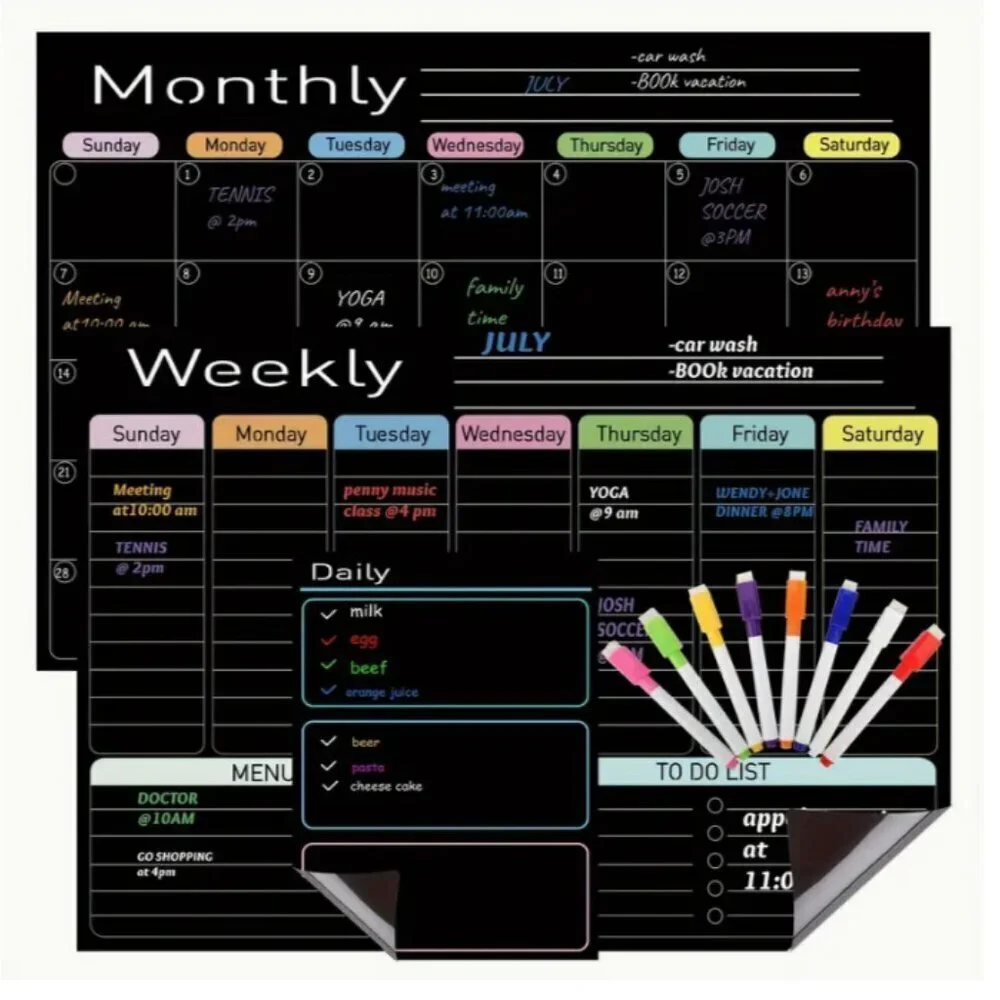 Magnetic Dry Erase Boards Calendar Planner 3 Pack Black with 8 Markers Style 2